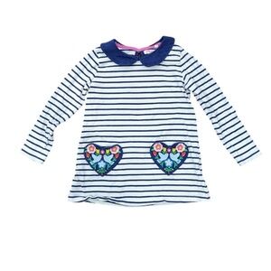 Mini Boden Navy and White Striped Tunic dress with Floral Heart Patches 5-6 yrs